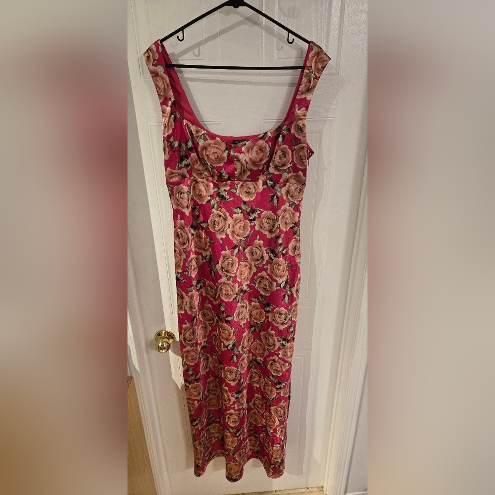 WILD FABLE LARGE Floral Pink Satin Maxi Sleeveless Dress Side Zipper